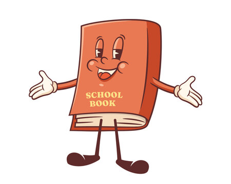 Groovy Back to School Retro Book Character. Cartoon Red Book Smiling and Making Welcome Gesture. Funny Vector Education Mascot Template. Happy Vintage Cool Learning Personage Illustration Isolated
