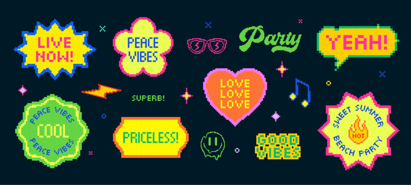 Pixel y2k retro stickers set. Abstract vector icon elements in vaporwave acid style. Geometric 8bit frame shapes in pixel art style. Digital brutalist techno bitmap badge symbols collection. Isolated