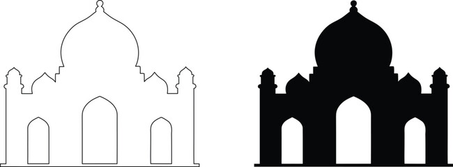 Taj mahal vector icon illustration, it is black color flat style famous historical building with multiple domes. © Rupasi