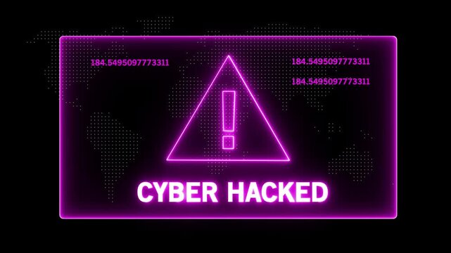 Cyber hacked warning alert with neon glowing digital interface and rapidly changing ip address data streams for cybersecurity breach notifications, network security threats, and information