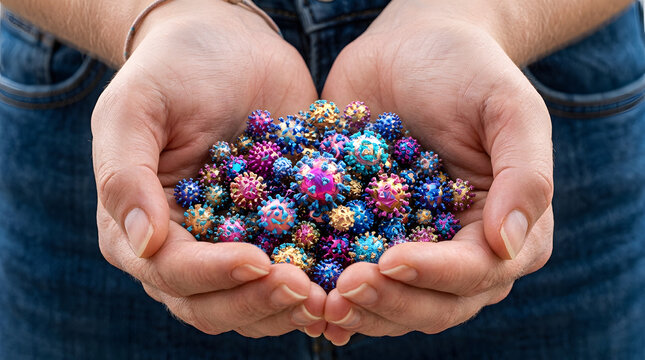 colorful virus models in cupped hands | microscopic pathogen concept for disease awareness | global health pandemic prevention illustration | biological hazard and infection metaphor