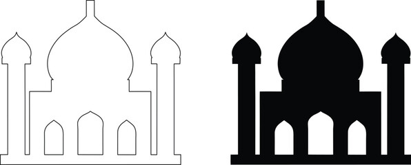 Traditional mosque silhouette and outline set featuring central dome with two minarets isolated on transparent background. © Rupasi