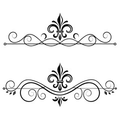 Fleur de lis divider with elegant scrollwork and ornamental swirls, vintage decorative border with leaf accents, black graphic design element. © Aja