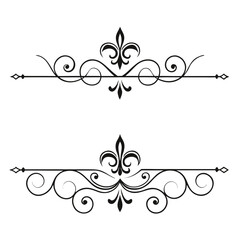 Decorative fleur de lis divider with swirling scrollwork and leaf motifs, ornate vintage flourish, black victorian line art, elegant graphic. © Aja