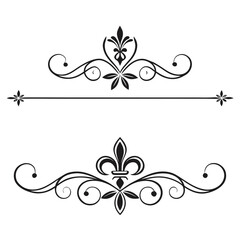 Set of elegant black fleur de lis dividers for text decoration and document frames featuring intricate swirl ornaments and classic royal heraldic symbols isolated on a plain white background design. © Aja