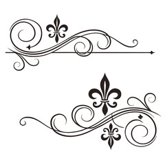 Decorative corner flourishes with fleur de lis symbols isolated on white background vintage style calligraphic scrolls and border corner elements for luxury invitation cards and elegant print designs. © Aja