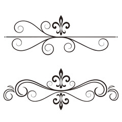 Decorative fleur de lis horizontal dividers set with elegant swirl flourishes vector illustration black ornamental line borders for vintage invitations stationery and classic graphic design. © Aja