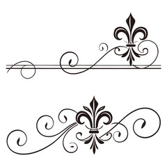 Fleur de lis floral scroll dividers and decorative corner elements set vector illustration black elegant swirl border frame ornaments for wedding invitations cards or vintage classic design. © Aja