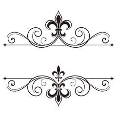 Elegant fleur de lis text dividers for document framing featuring ornate swirl decorations and classic royal heraldic motifs in black isolated on white vector graphic set for luxury stationery design. © Aja
