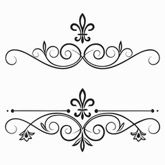 Elegant fleur de lis swirl dividers and floral decorative border elements set vector illustration black ornamental flourishes for vintage wedding invitations cards and classic page designs. © Aja