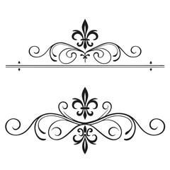 Vintage fleur de lis floral scroll dividers and decorative border flourishes set vector illustration black elegant ornamental elements for wedding invitations cards and classic page layout. © Aja