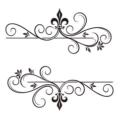 Elegant vector frames with fleur de lis symbol, leaves, and flourishes, vintage divider elements for text decoration, royal black isolated ornate borders. © Aja