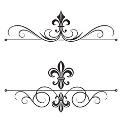 Elegant vector frames with fleur de lis symbol and flourishes, vintage divider elements with dots for text decoration, royal black isolated ornate borders. © Aja