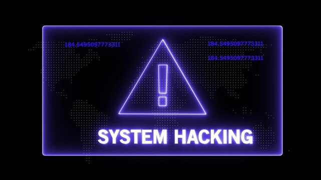Cybersecurity alert interface featuring a glowing neon system hacking warning sign with rapidly changing digital data streams and network security breach indicators for high-tech digital technology