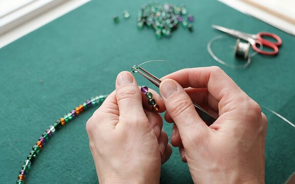 A person carefully strings colorful beads onto a wire or thread for jewelry making on a green crafting surface