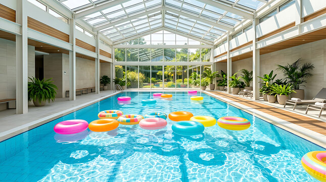 Spacious indoor pool under glass roof with inflatables swimming architecture vacation colorful recreation relaxation lifestyle wellness building structure daylight