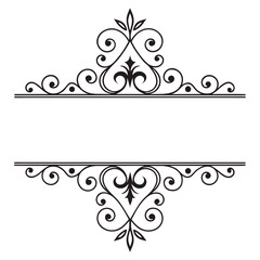 Decorative filigree frame divider with elegant fleur de lis central motif for formal invitation designs and vintage typography layouts featuring intricate black scrollwork on white background. © Aja