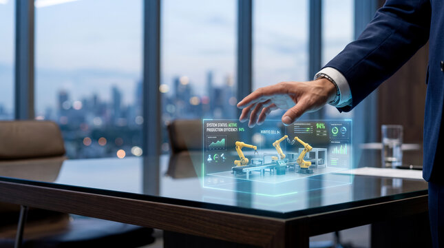 Businessman Interacting with Holographic Manufacturing Technology in Office