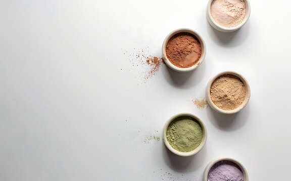 Five small bowls of loose natural powdered ingredients arranged in a line on a clean white background