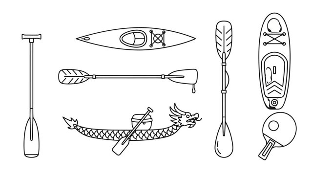 Line art illustration of various water sports equipment including kayaks, paddles, and a traditional dragon boat, alongside a table tennis paddle.