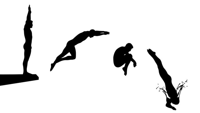 A sequence of a male diver in silhouette performing a high dive, showing the stages from standing on the board to entering the water with a splash.