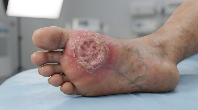 Diabetic foot ulcer on side of foot with inflamed, infected tissue in a medical environment.