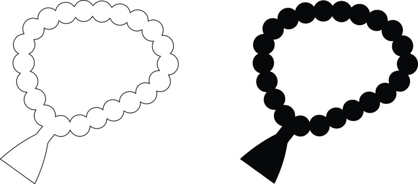 Black silhouette and outline of traditional prayer beads rosary icon for religious islam practice and spiritual meditation.