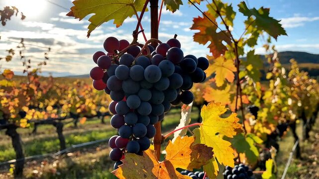 Clusters of ripe blue grapes hanging on vines in vineyard during autumn harvest