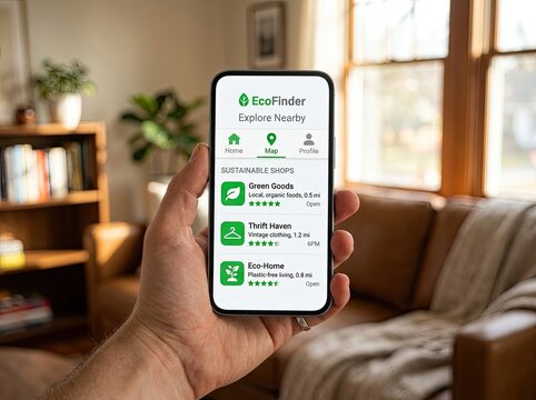Ecofinder phone mockup sustainable lifestyle app display on modern smartphone in home setting