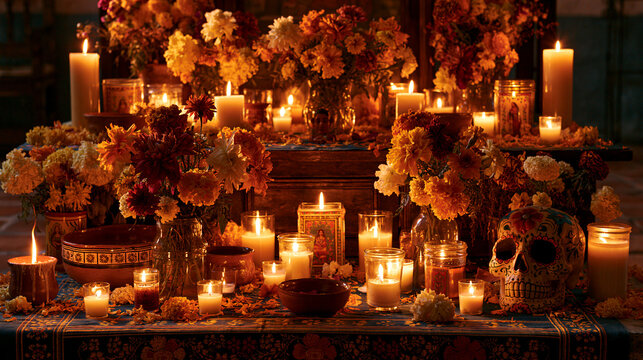 Vibrant Dia de los Muertos Altar: Colorful Flowers, Candles, and Sugar Skulls for a Traditional Mexican Celebration