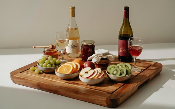 A rustic wooden board displays an elegant charcuterie spread with fresh grapes, sliced apples, avocado, cheese, and honey alongside two wine bottles and glasses for a sophisticated tasting experience