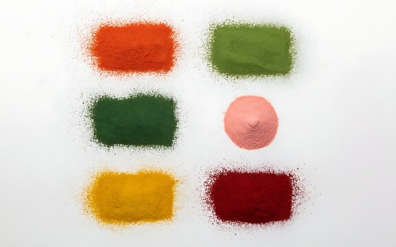 Close-up view of six distinct colored powder pigments displayed on a flat white surface for artistic or crafting purposes