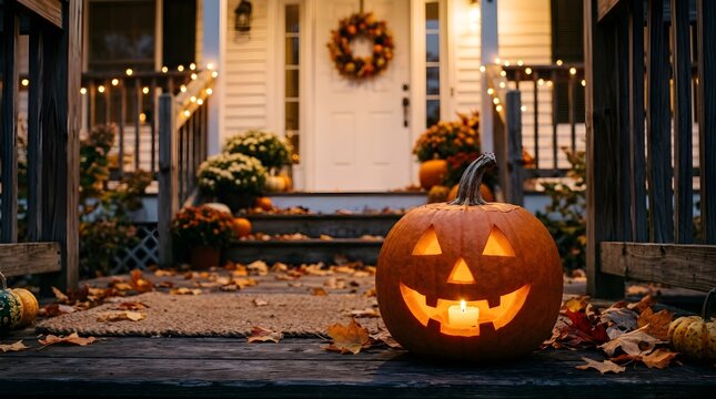 Warm halloween porch decor with jack o' lantern fall flowers and cozy lighting for seasonal festivities