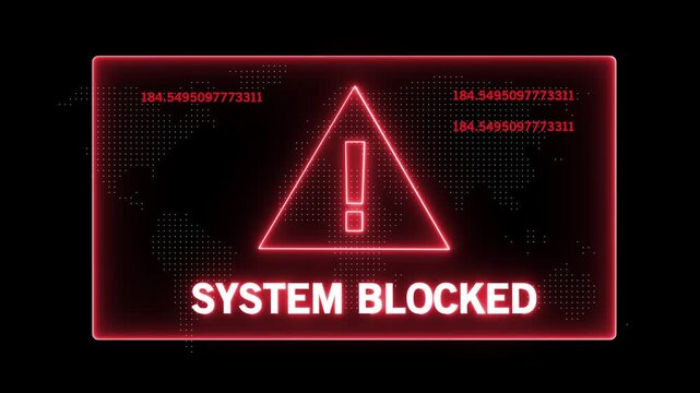 Cyber security system blocked warning alert with glowing red neon digital interface and warning triangle symbol for network protection, data breach prevention, and unauthorized access denial motion