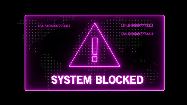Neon purple system blocked digital security alert interface with flashing warning exclamation and dynamic data stream code for cyber attack protection and network access denied concept