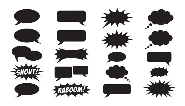 Comic speech bubbles black silhouette set with shout and kaboom text