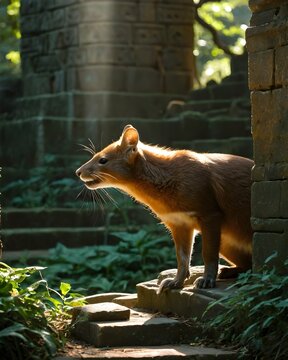 A dhole  rat genetic hybrid experiment ai-generated, fictional species   in a stone labyrinth