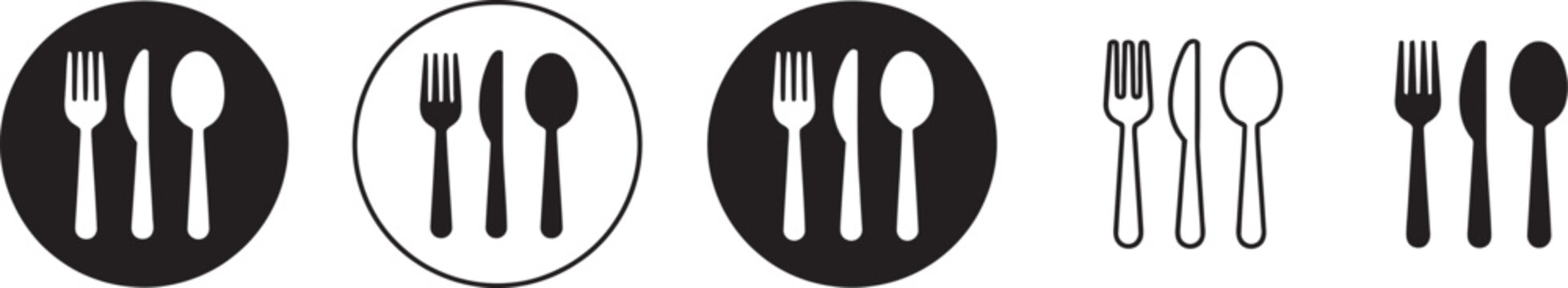 Spoon and fork icon vector set featuring spoon, fork and knife restaurant symbols in outline, solid and colored styles for dining, food service, hospitality and menu design concepts.