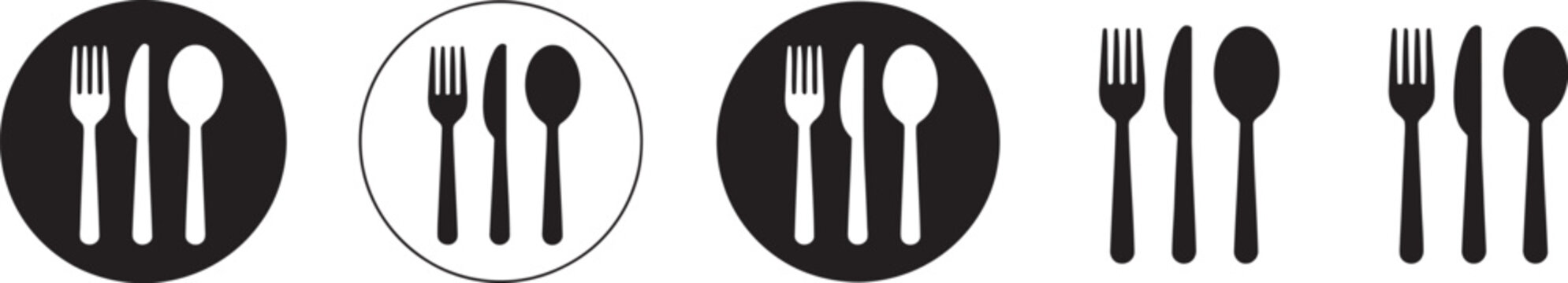 Spoon and fork icon vector set featuring spoon, fork and knife restaurant symbols in outline, solid and colored styles for dining, food service, hospitality and menu design concepts.