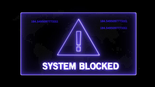 Cyber security system blocked warning alert with glowing neon purple digital interface and warning triangle for network protection, data breach prevention, and unauthorized access denial motion