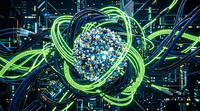 Abstract digital core with intertwined data pathways technology connection cybernetic computing infrastructure abstract futuristic electronic information processing innovation communicatio
