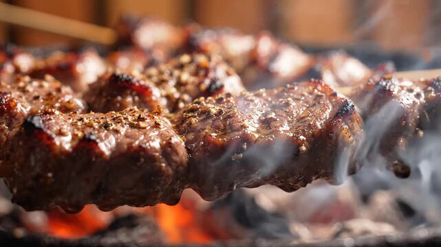 Juicy grilled meat skewers cooking over hot coals, dripping with fat and sending up savory steam, perfect for food blogs or restaurant menus