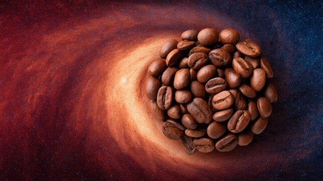 A swirling galaxy-like formation created using coffee beans against a cosmic, starry background.