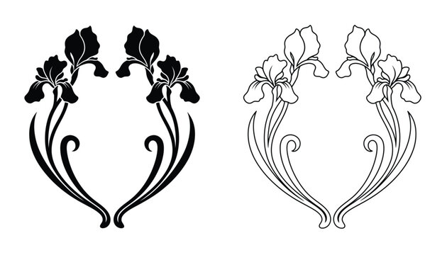Iris Flowers Ornamental Frame Set with Art Nouveau Style Botanical Elements in Black and White Outlines