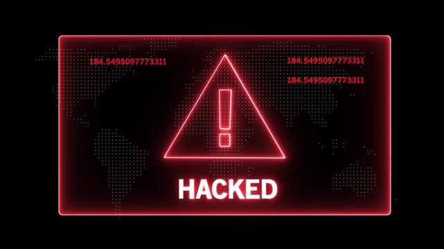 Cyber security alert warning featuring a glowing red digital hacked notification with dynamic data streams and global network interface for advanced information technology protection concepts