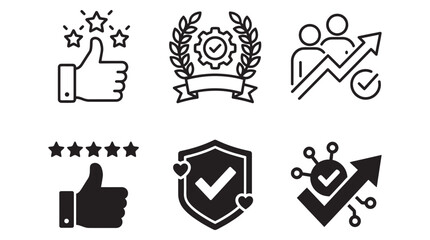 Fototapeta premium Professional business success icons including growth charts and quality seals with business performance verified