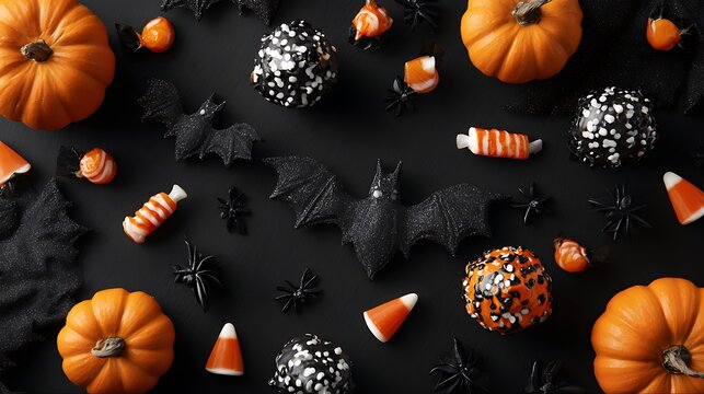Flat lay of orange pumpkins and colorful candy corn with decorative black glitter spheres on a dark background for a halloween celebration