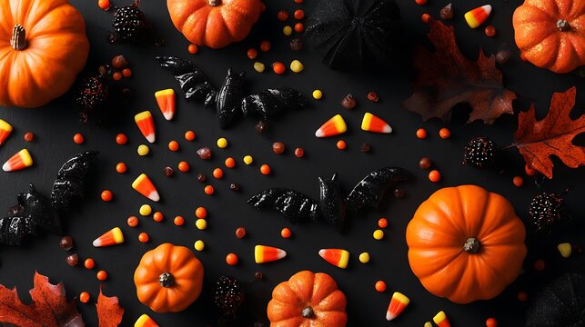 Halloween background with orange pumpkins candy corn and black bats on a dark surface