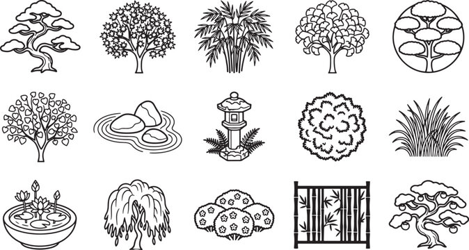 Japanese garden elements icon set featuring bonsai trees bamboo plants stone lanterns and traditional landscape design features