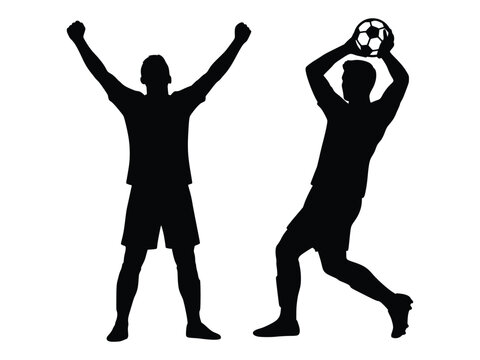 Soccer player silhouettes cheering and throwing ball for sports activity graphic design.